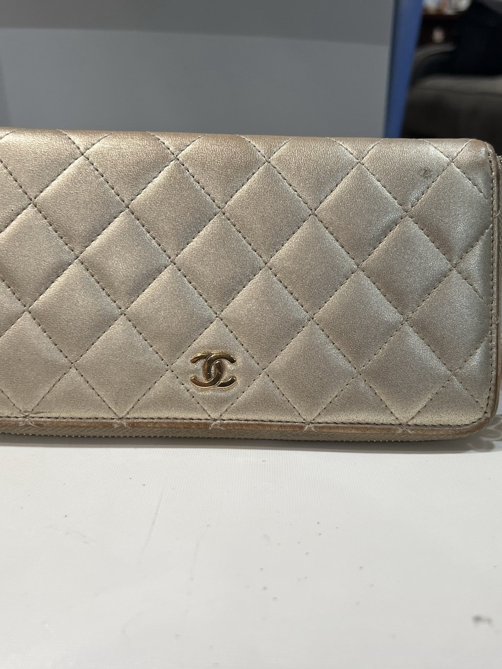 Chanel CC Quilted Leather Zip Around Wallet Gold